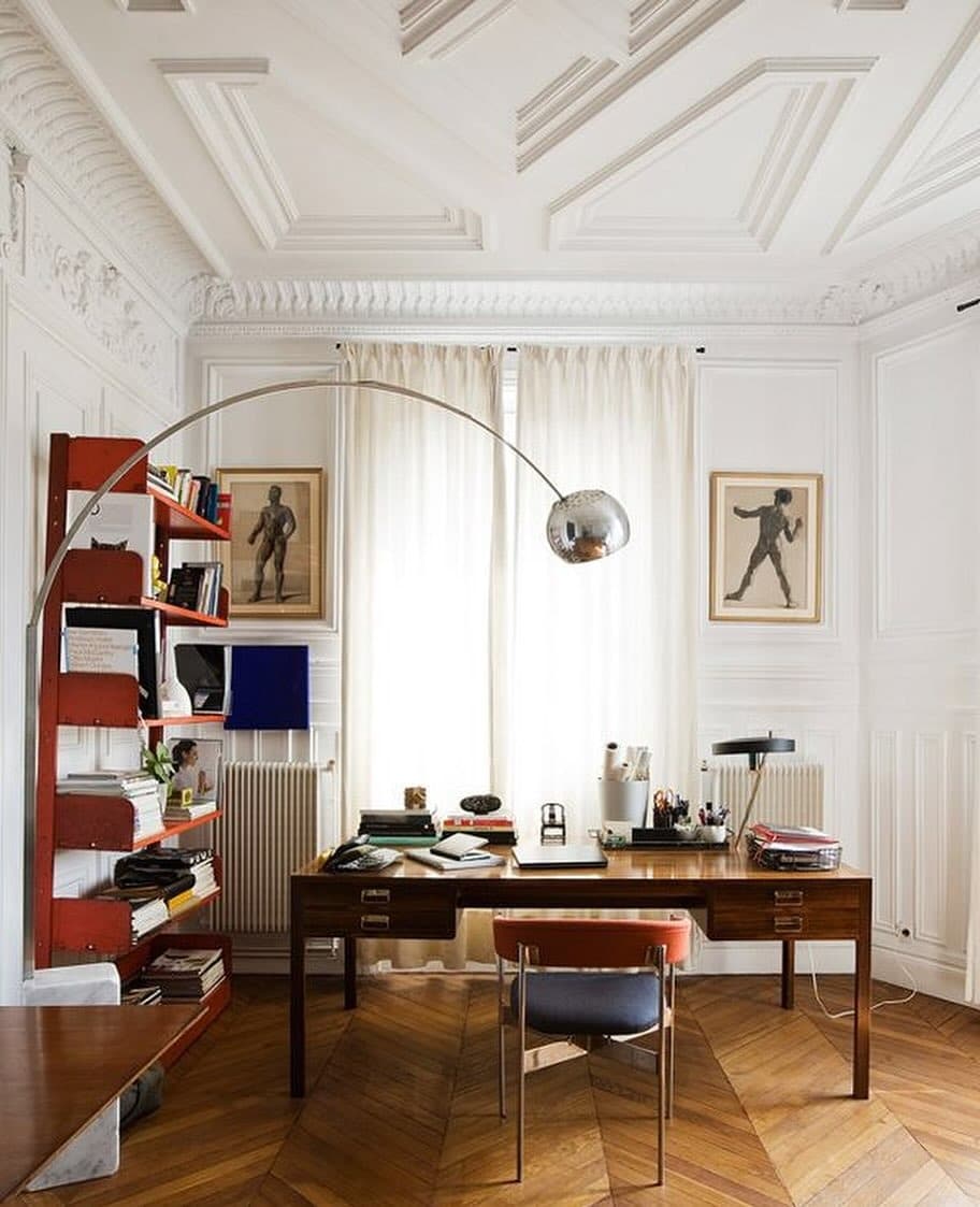 21. Parisian Office Elegance with White Paneling and Warm Wood - vintage office ideas