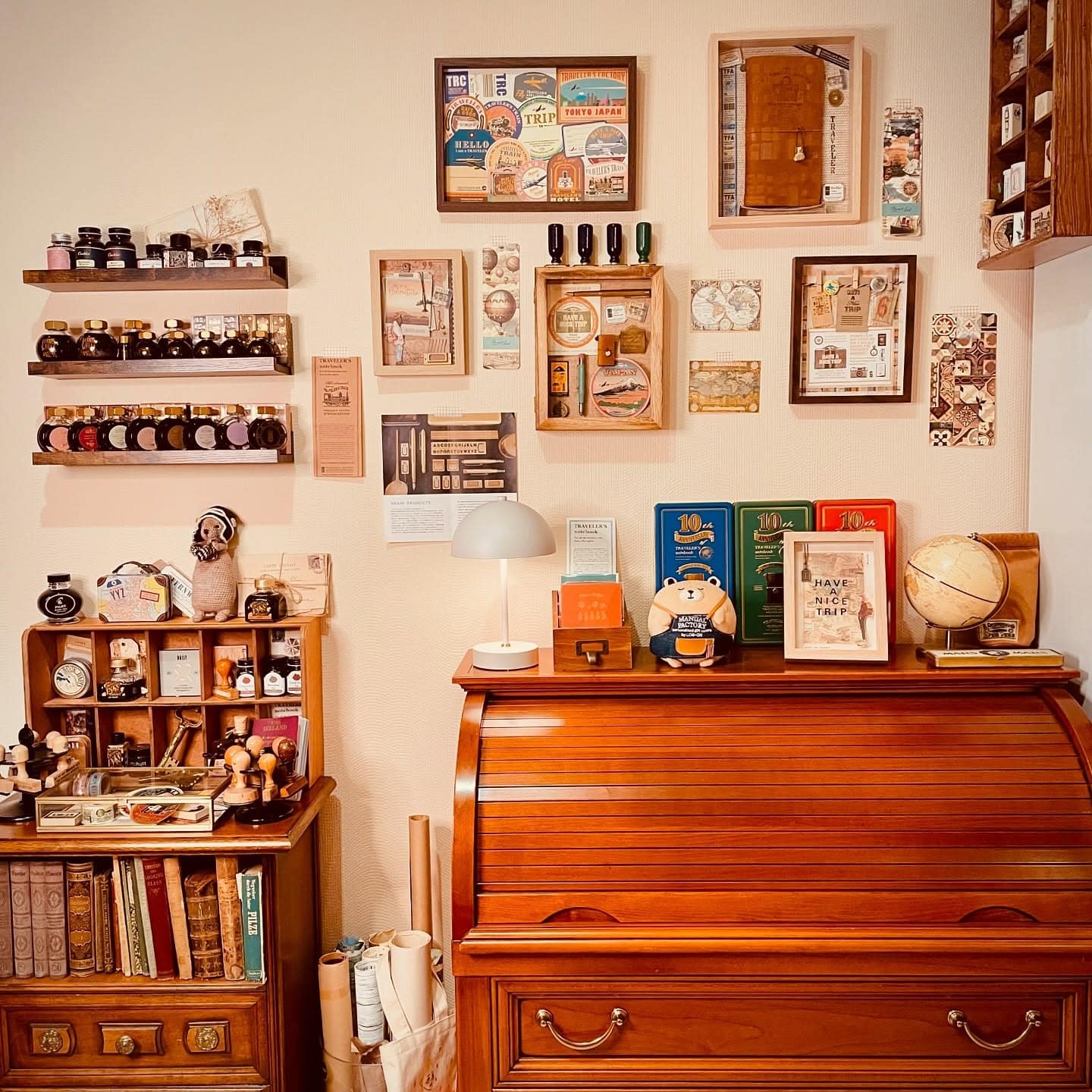 22. Collector’s Roll-Top Study in Amber Woods - vintage office ideas