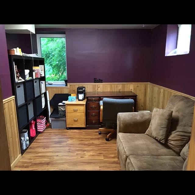 1. Cozy Plum Office Nook with Natural Wood - purple office ideas