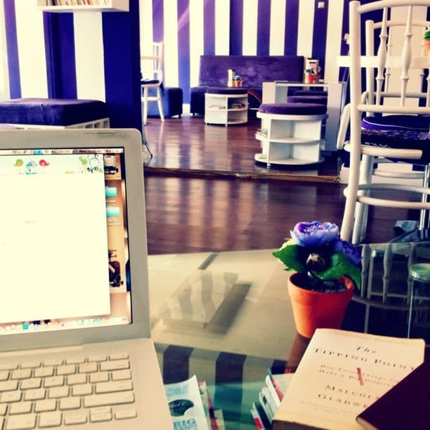 4. Playful Violet and White Striped Office - purple office ideas