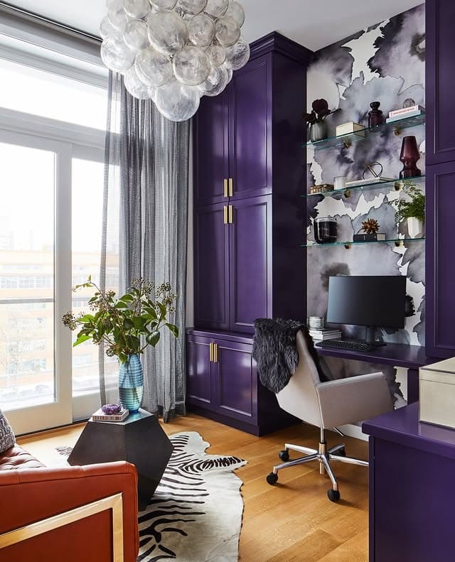 6. Luxe Purple Cabinetry with Artistic Wall - purple office ideas