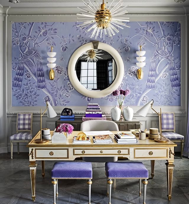 7. Elegant Lavender Office with Classical Detailing - purple office ideas
