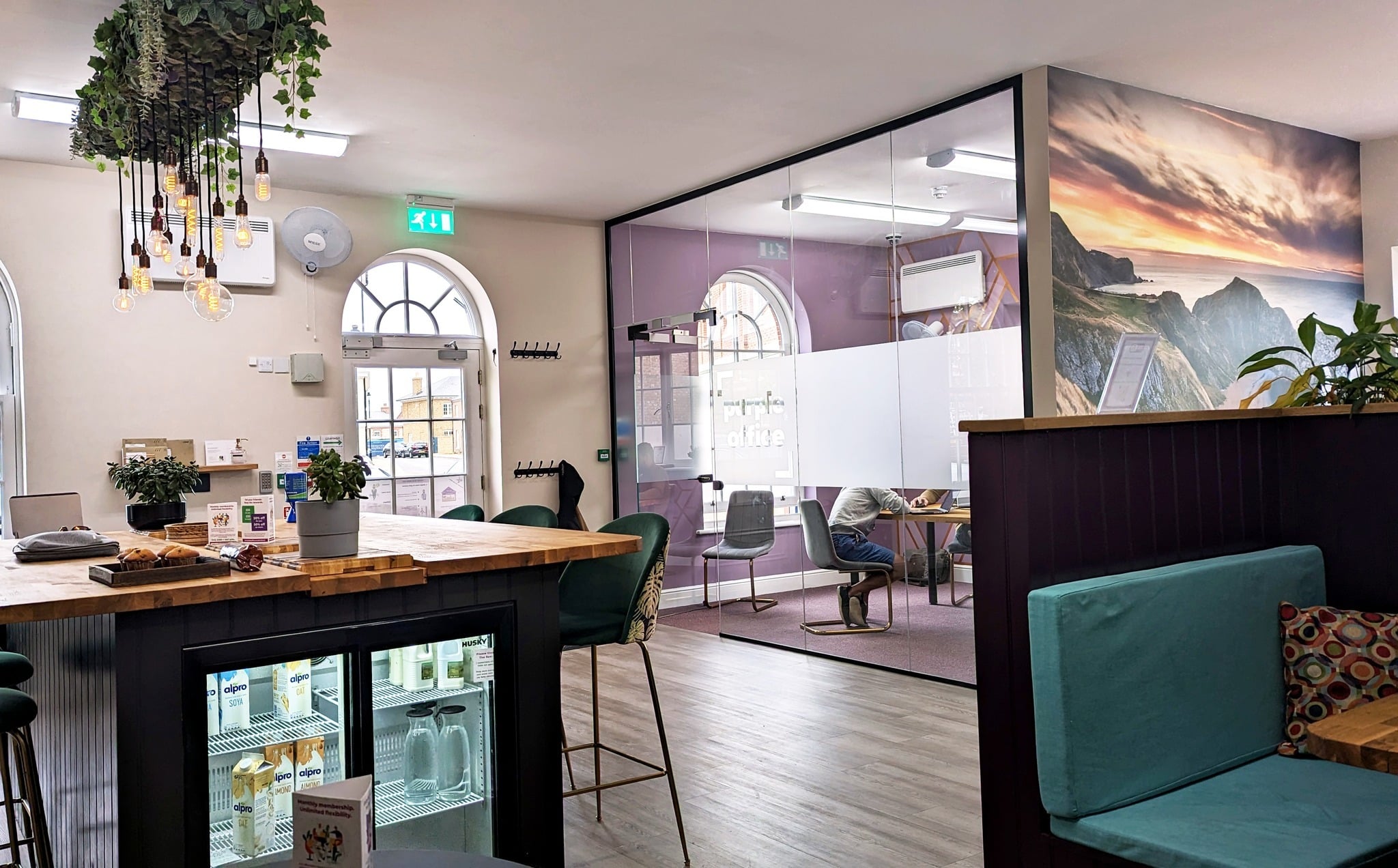 8. Contemporary Workspace with Mauve Glass Partition - purple office ideas