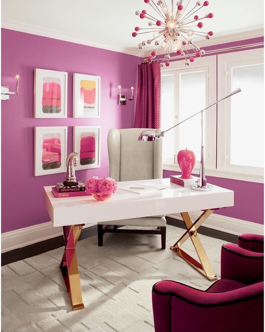 10. Bold Fuchsia Office with Glam Accents - purple office ideas