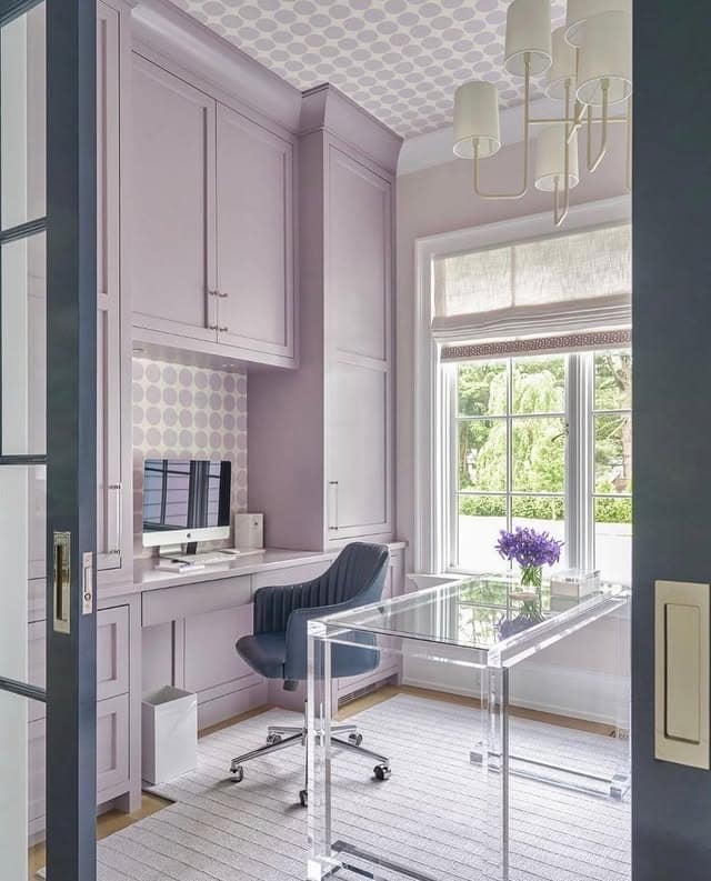 13. Soft Lilac Workspace with Acrylic Desk - purple office ideas
