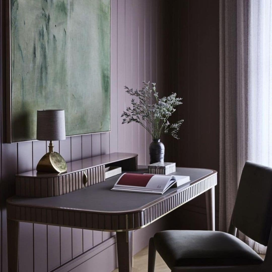 14. Sophisticated Plum Paneling with Green Accents - purple office ideas