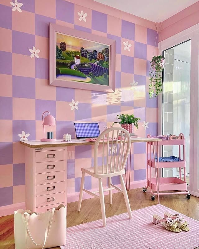 15. Playful Purple and Pink Checkered Office - purple office ideas