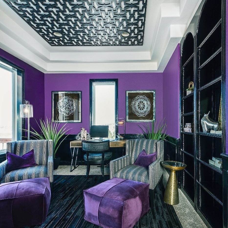 16. Bold Amethyst Office with Statement Ceiling - purple office ideas