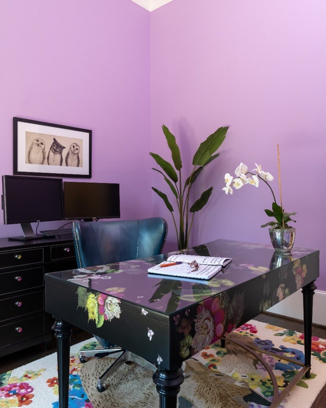 18. Lilac Walls with Botanical Flair - purple office ideas