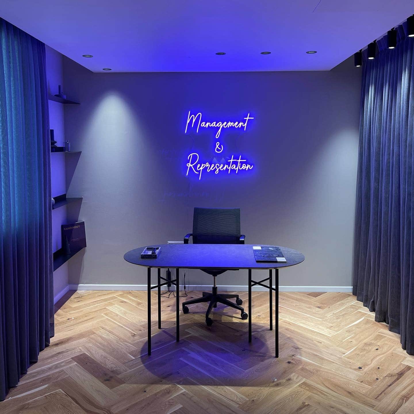 19. Contemporary Office with Neon Glow - purple office ideas