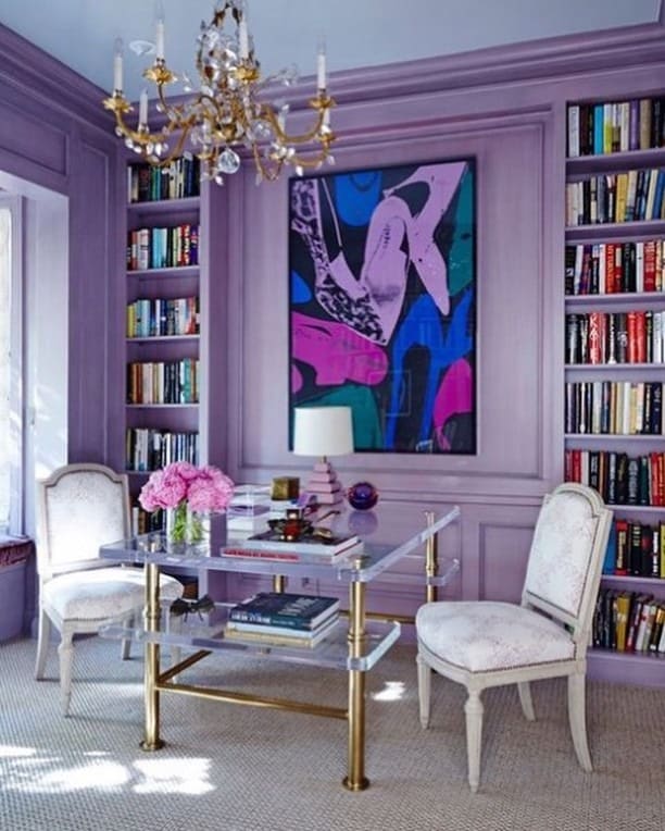 22. Rich Lilac Study with Bold Artwork - purple office ideas