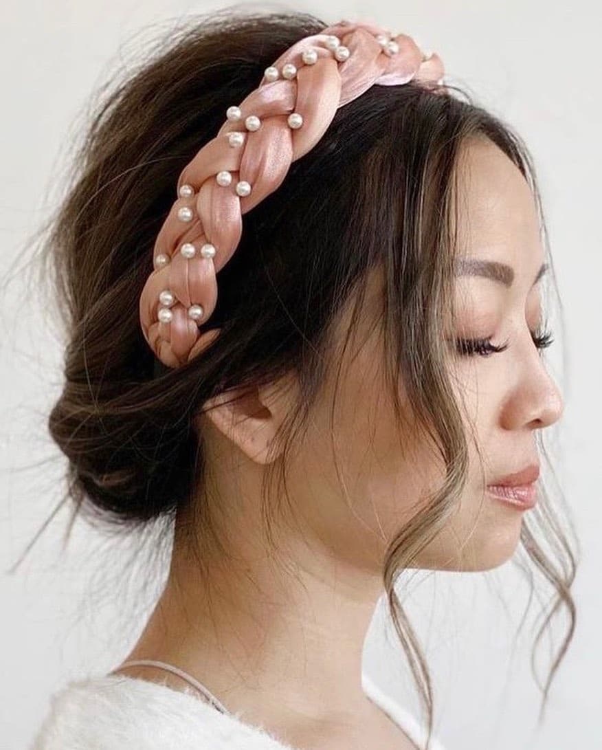 16. Loose Bun with Pearl-Trimmed Braid Band - Headband Hairstyles
