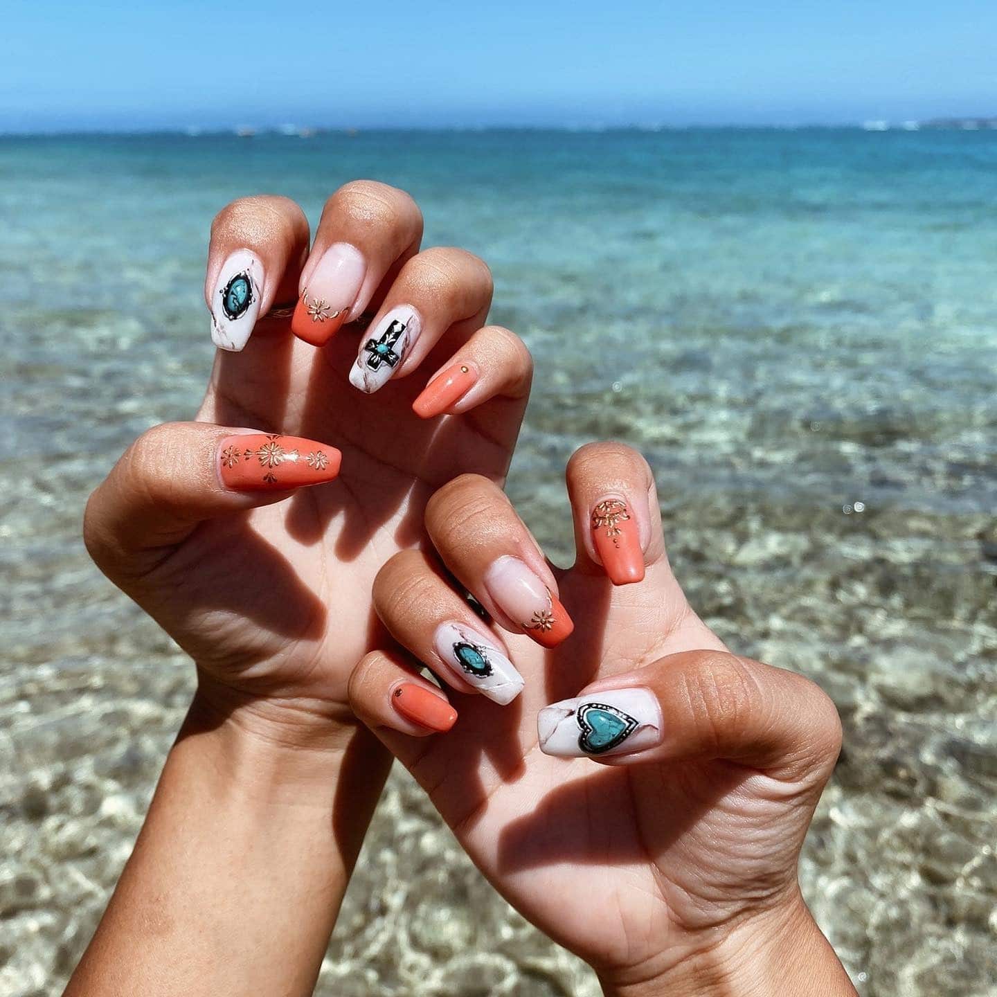 1. Coral Sunset Boho Nails - boho nail ideas