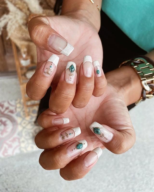 7. Boho Crystal French Tips - boho nail ideas