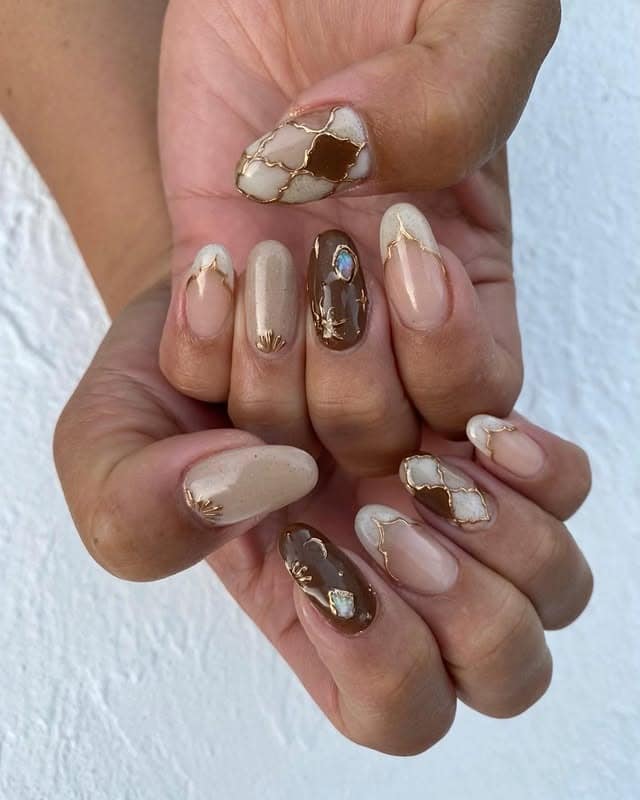 10. Golden Mosaic Earth Tones - boho nail ideas