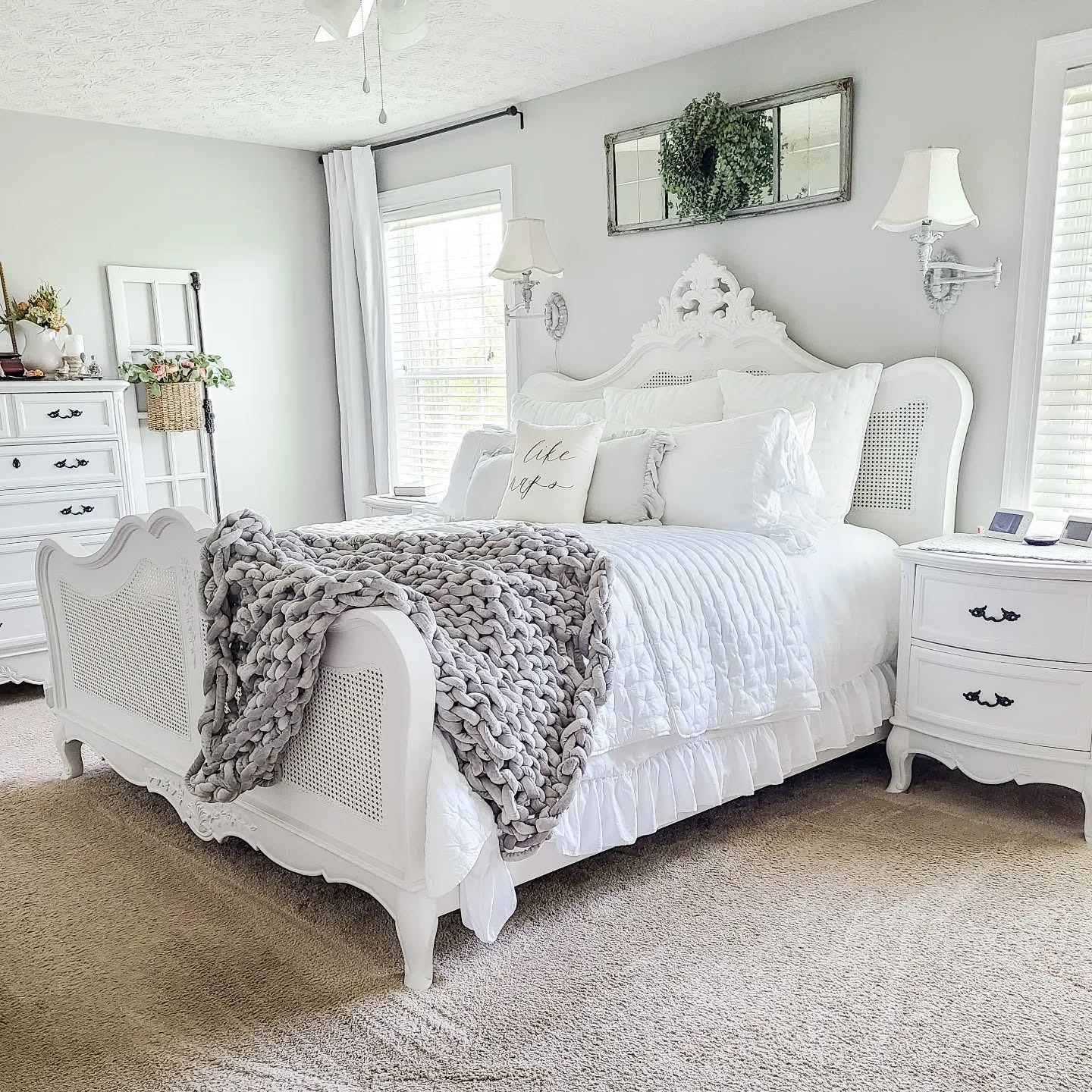 16. Whitewashed Cane with Cozy Layers - french country bedroom ideas