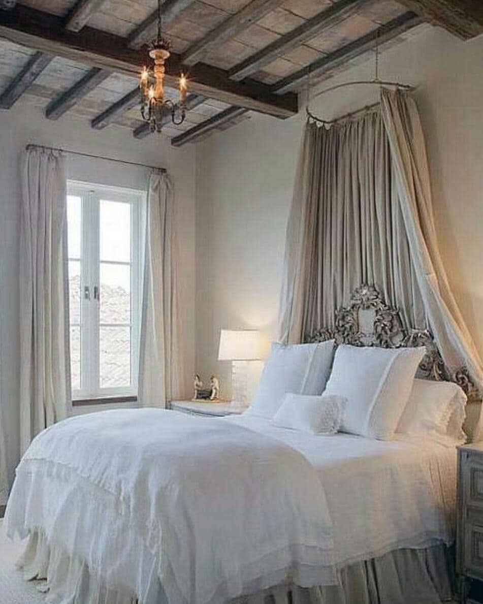 20. Rustic Ceiling with Draped Canopy - french country bedroom ideas