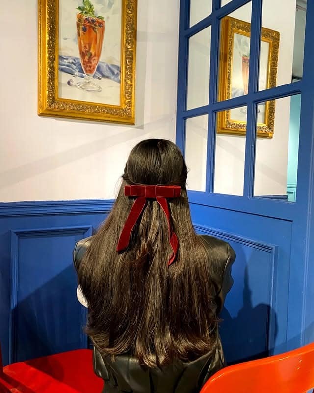 1. Sleek Velvet Bow Half-Up with Glossy Black Hair - Easy Hairstyles