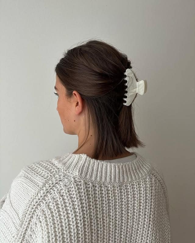 4. Minimalist Claw Clip Half-Up on Dark Brown Bob - Easy Hairstyles