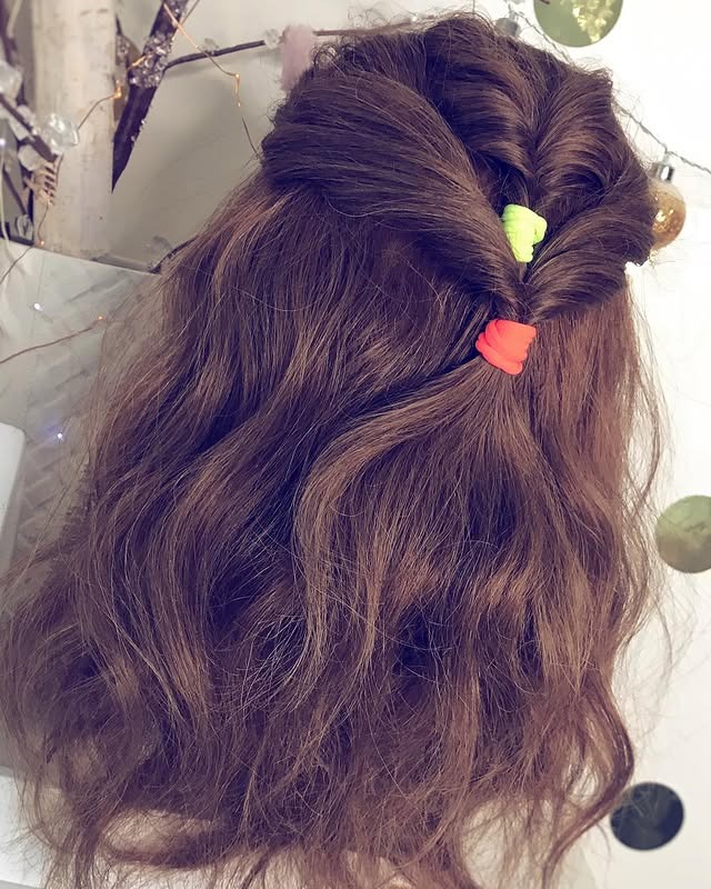 13. Playful Half-Up with Neon Clips on Chestnut Hair - Easy Hairstyles
