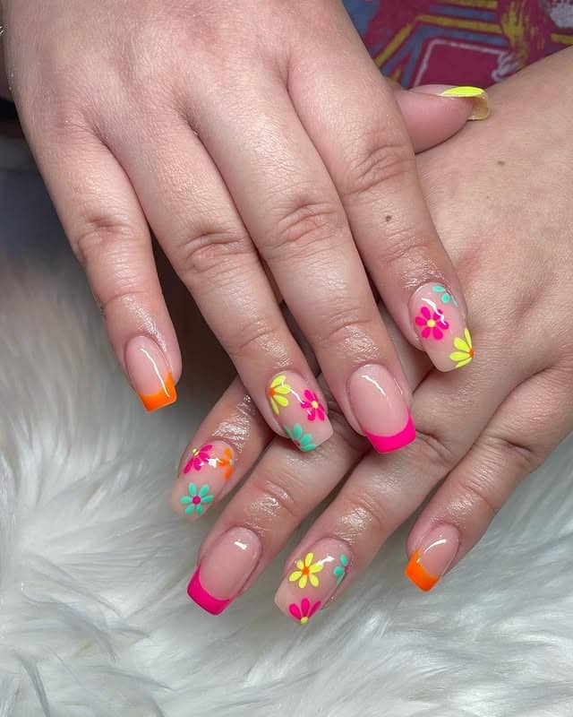 3. Fluorescent Daisy French - bright color nail ideas
