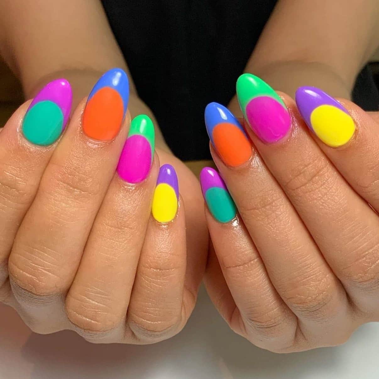 11. Neon Color Block Almond Nails - bright color nail ideas