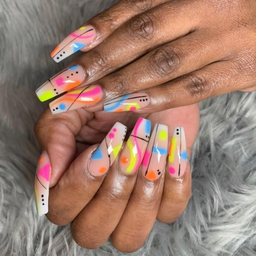 12. Abstract Neon Art with Geometric Accents - bright color nail ideas