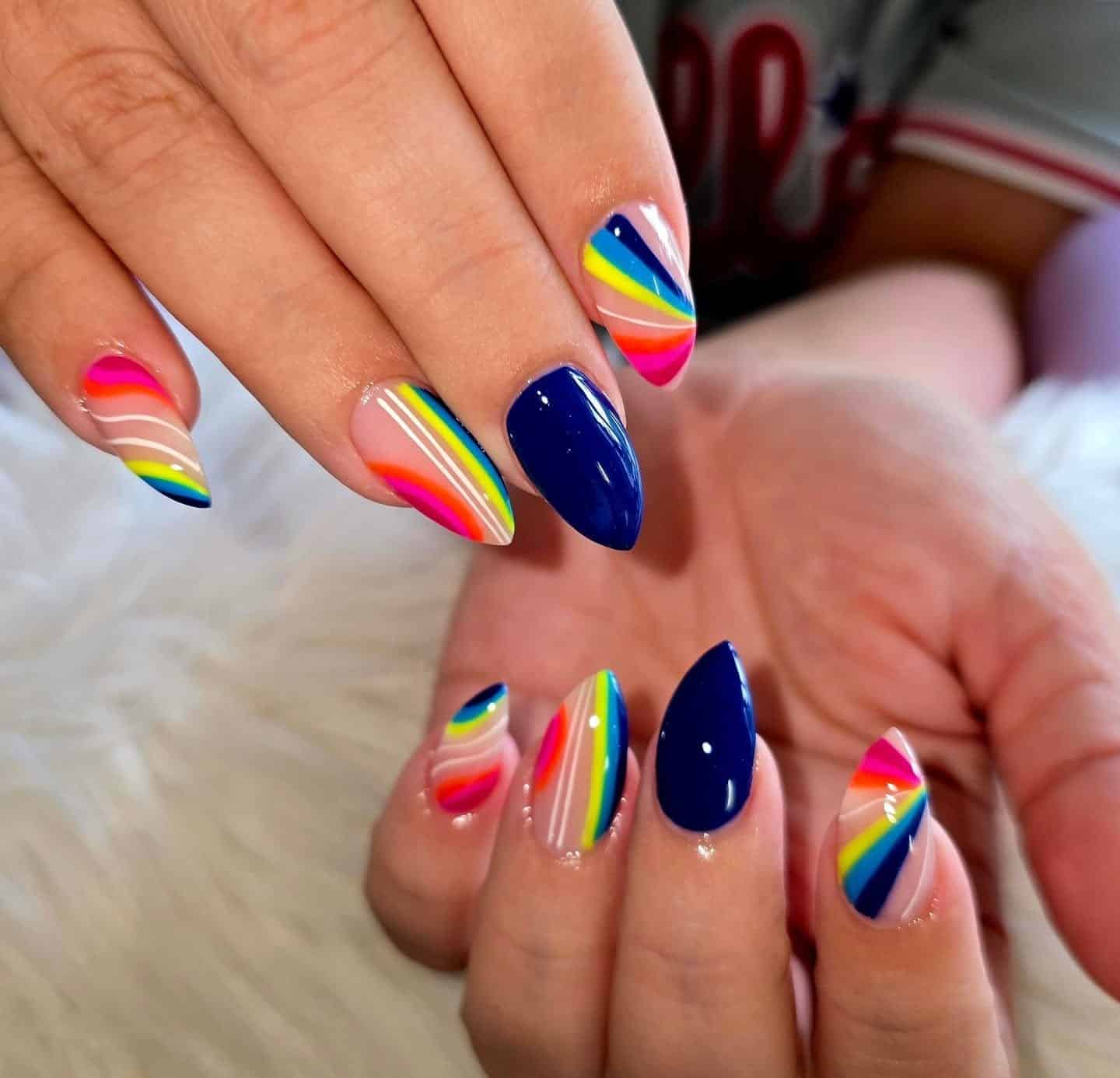 13. Rainbow Stripe with Royal Blue - bright color nail ideas