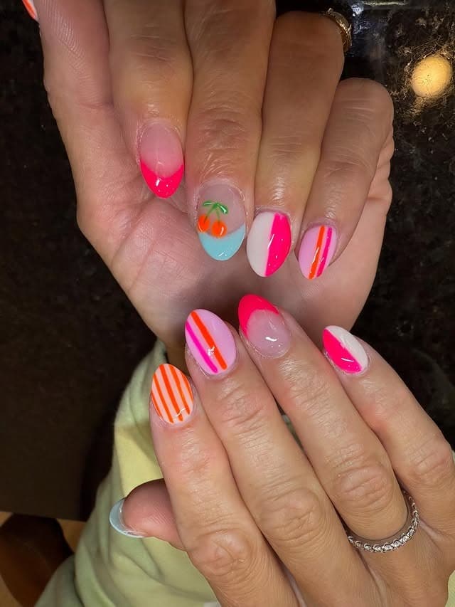 15. Cherry Neon French with Stripes - bright color nail ideas