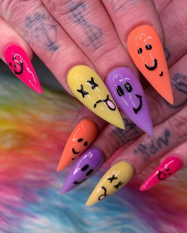 17. Neon Emoji Expressions - bright color nail ideas