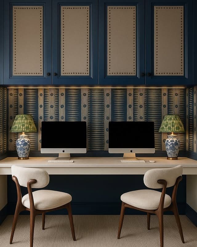 5. Patterned Dual Workspace in Navy and Cream - home office ideas for her