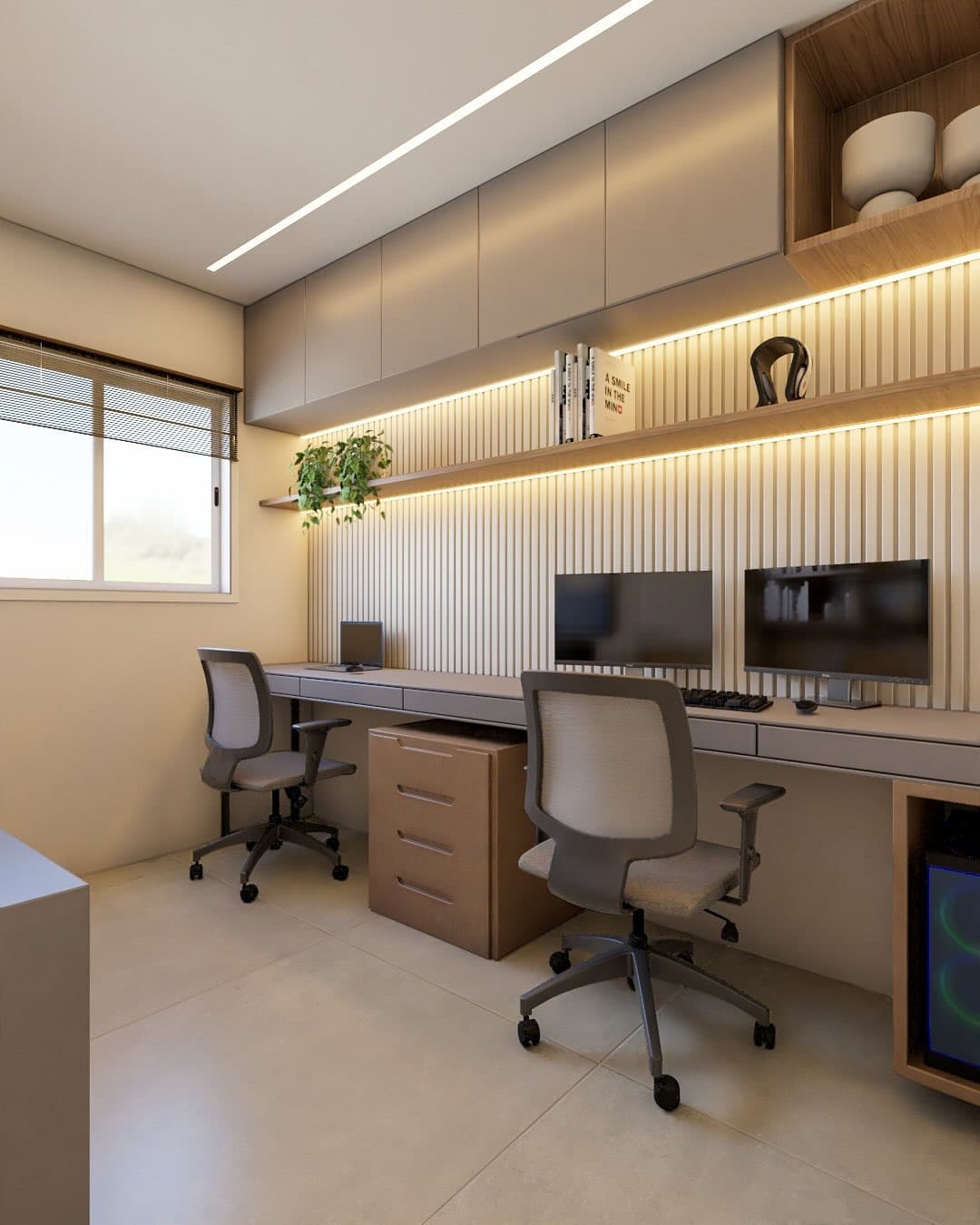 8. Streamlined Shared Modern Workspace - home office ideas for her