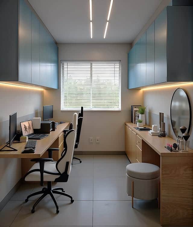 10. Contemporary Dual Setup with Blue Accents - home office ideas for her