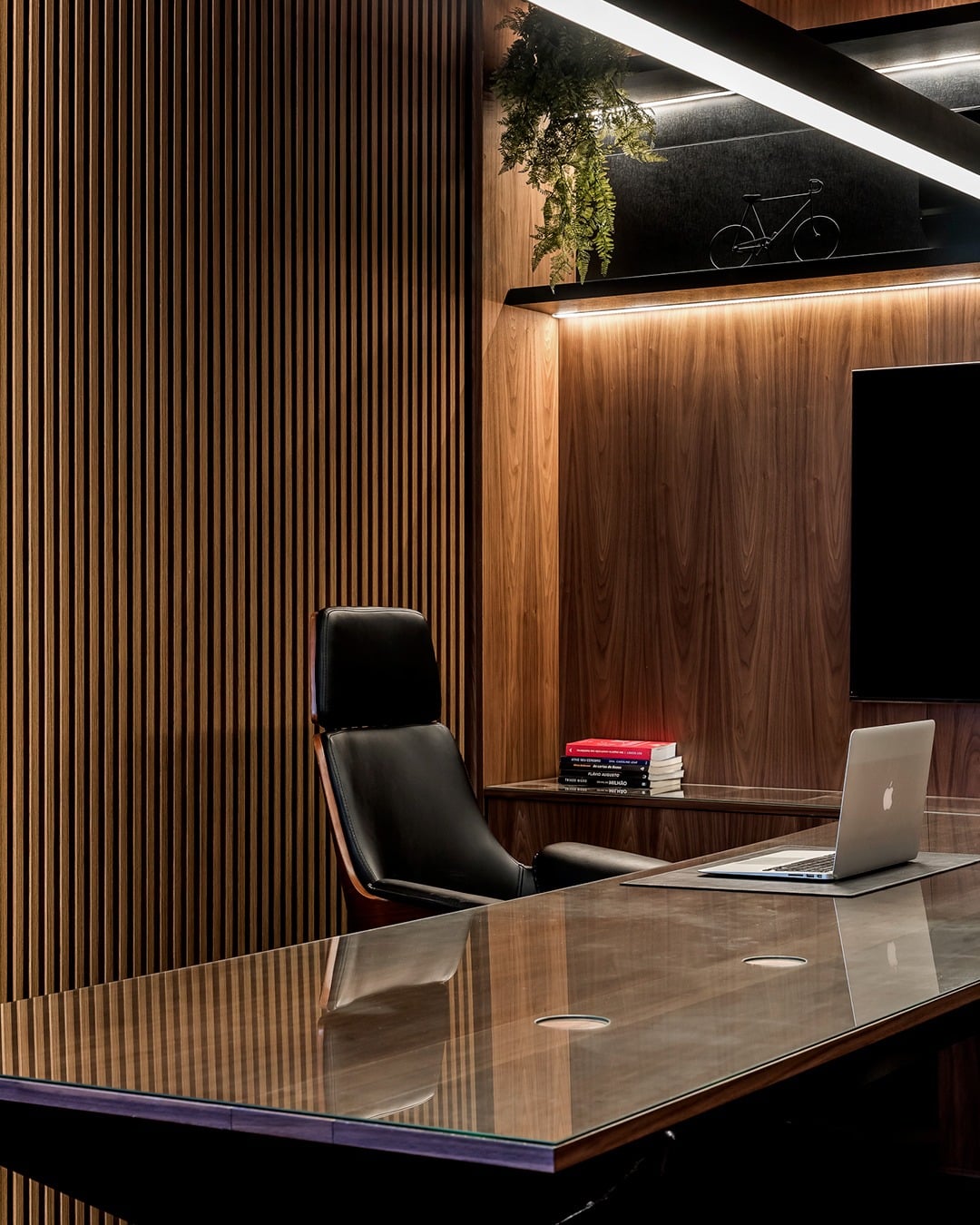 12. Moody Walnut with Contemporary Lighting - home office ideas for her