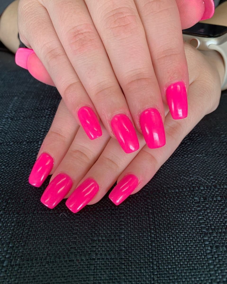 3. Neon Pink Coffin Nails - bright pink nail ideas