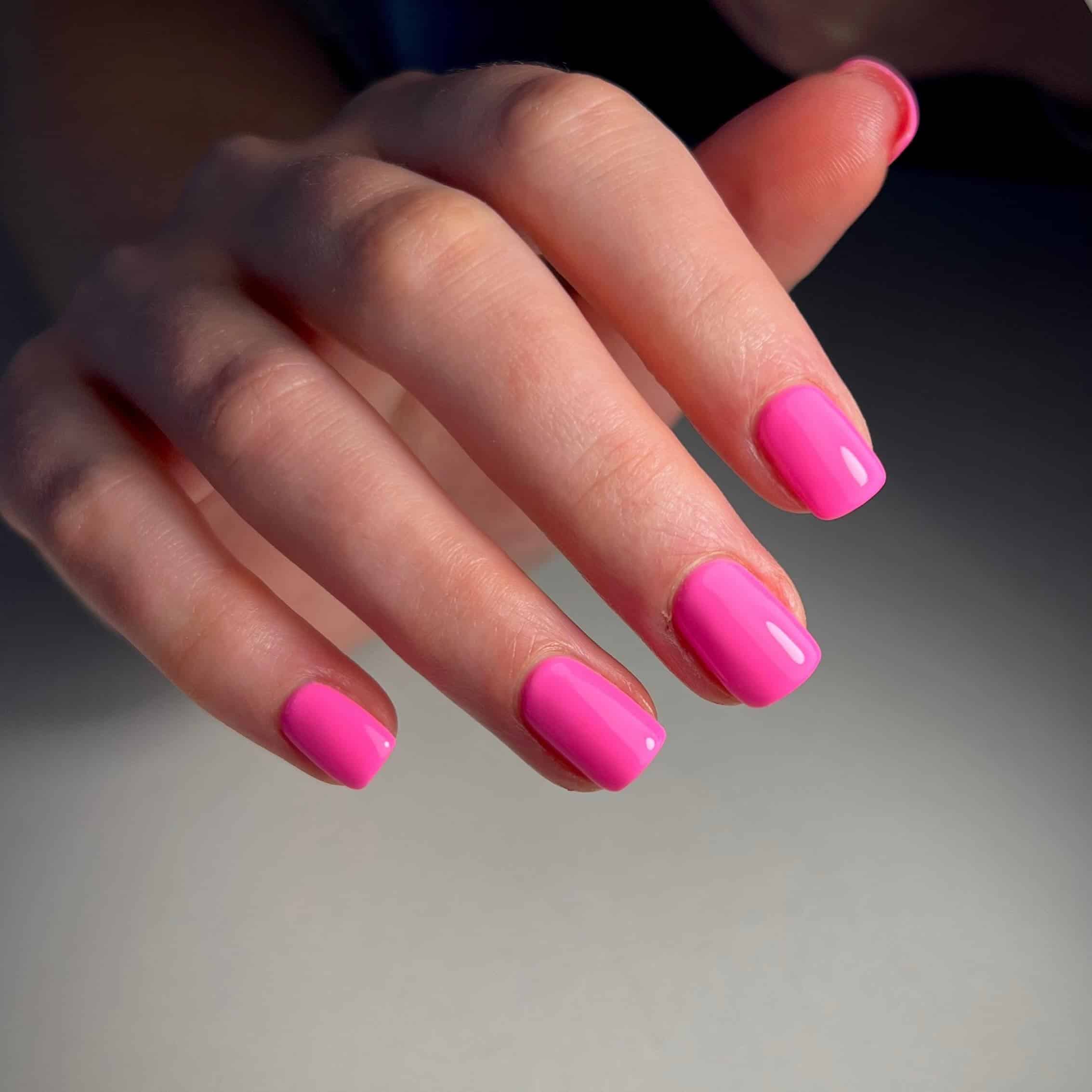 8. Radiant Pink Short Squares - bright pink nail ideas