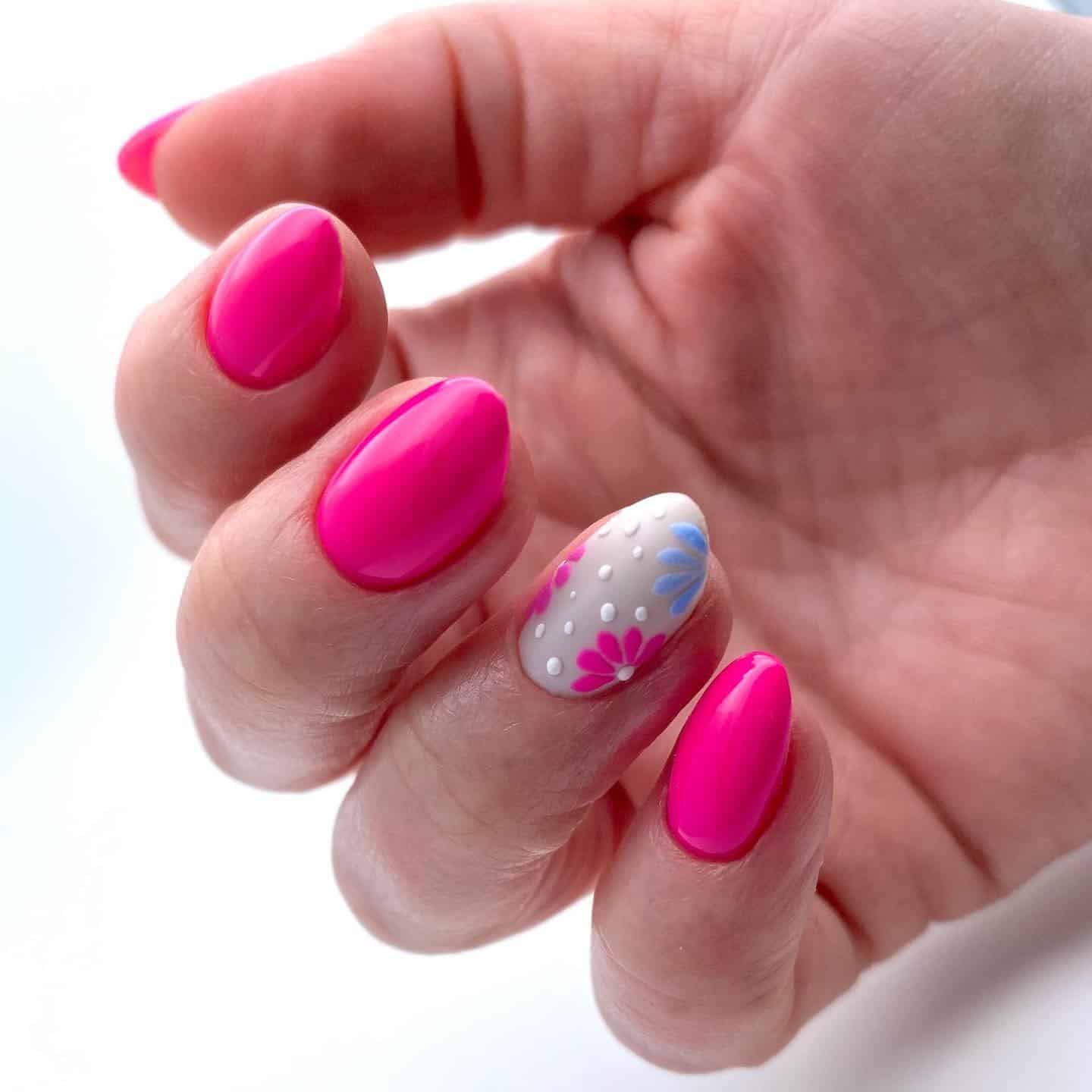10. Pink Floral Accent Nails - bright pink nail ideas
