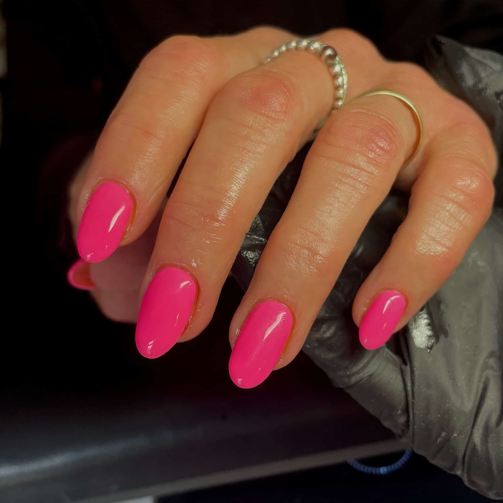 11. Glossy Almond Pink Nails - bright pink nail ideas