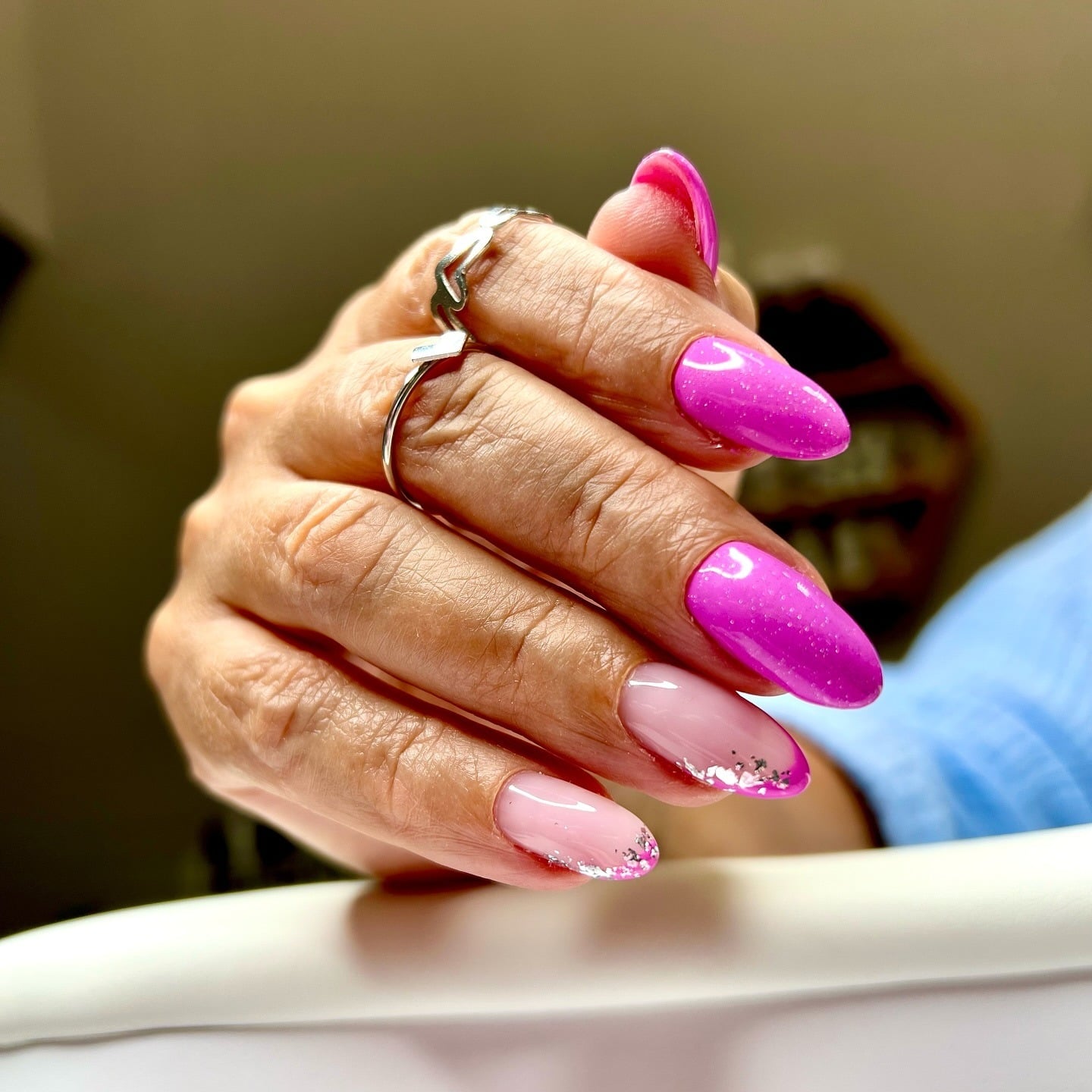 18. Pink and Glitter Fade - bright pink nail ideas