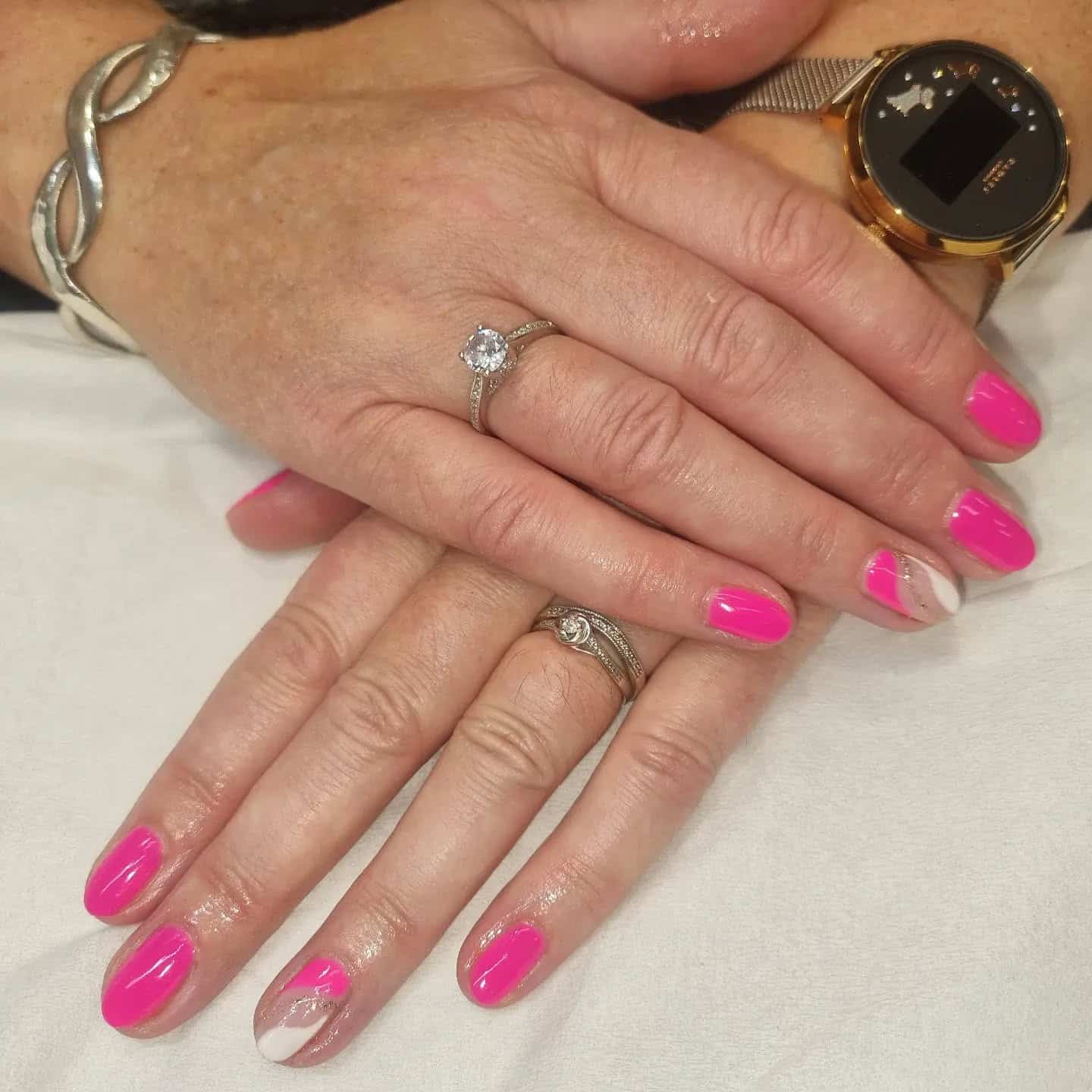 20. Pink Diagonal Accent Nails - bright pink nail ideas