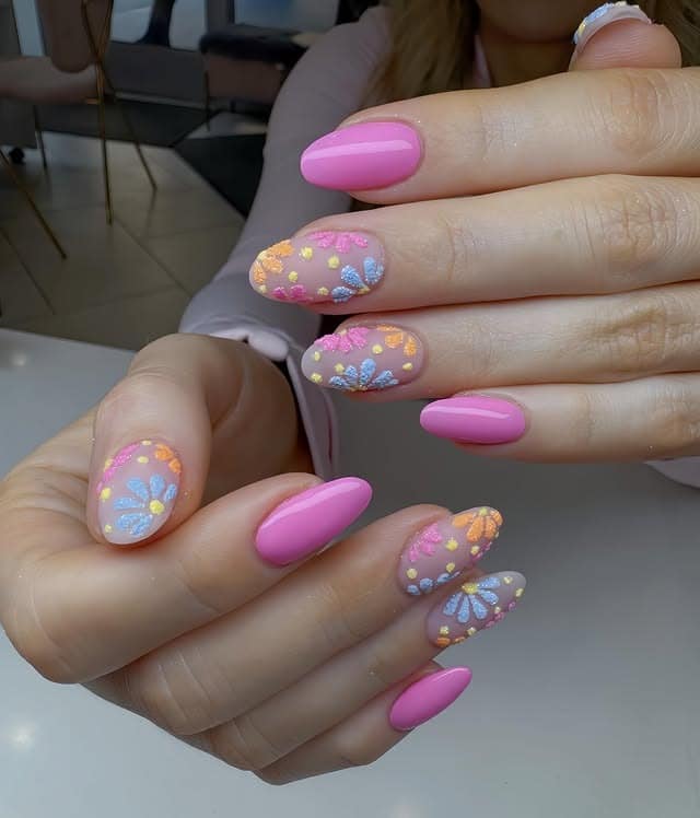 21. Pastel Floral on Pink Almond Nails - bright pink nail ideas
