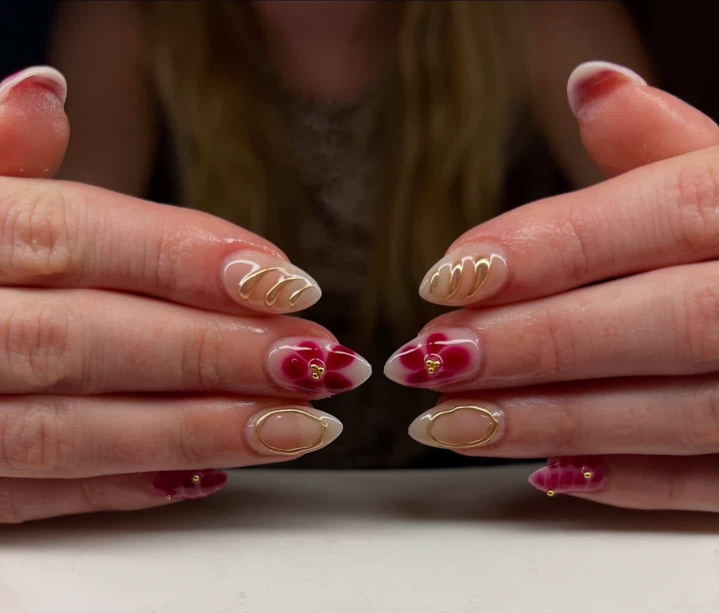 22. Burgundy Floral Nails with Golden 3D Details - burgundy and gold nail ideas