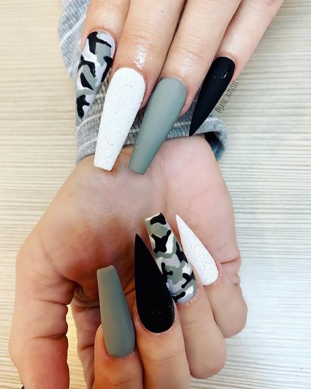 4. Bold Mixed Texture Camo - camouflage nail ideas
