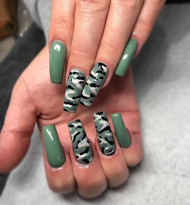 5. Glossy Sage Camouflage - camouflage nail ideas