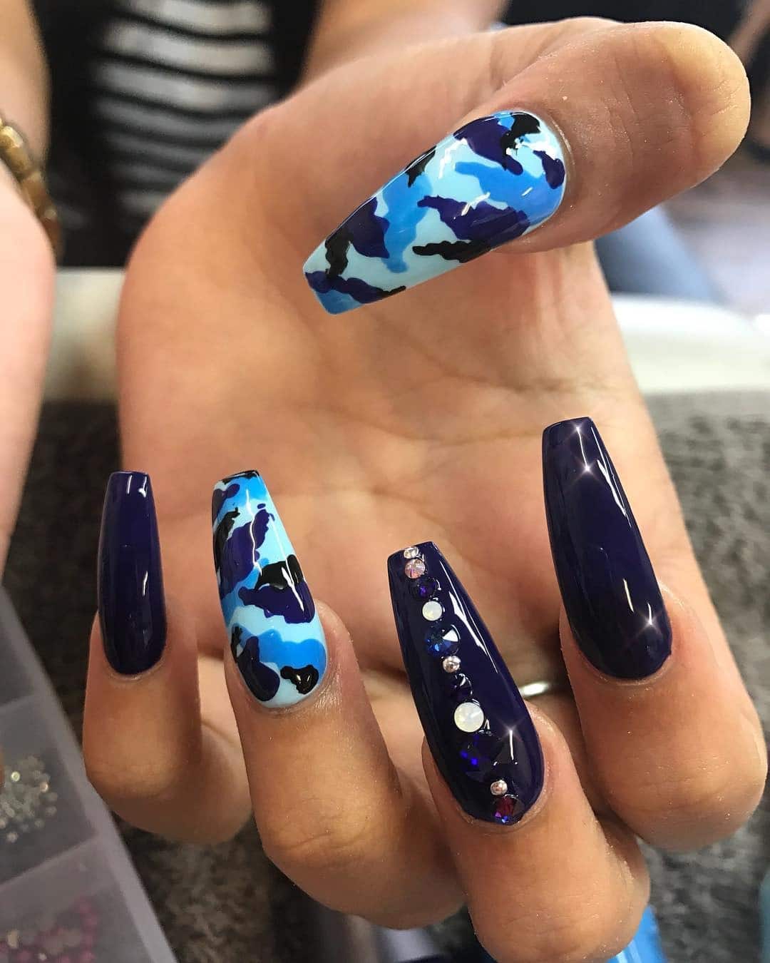 6. Blue Camouflage with Gem Accents - camouflage nail ideas