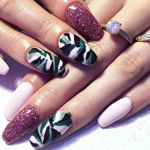 15. Sparkling Pink with Jungle Camouflage - camouflage nail ideas