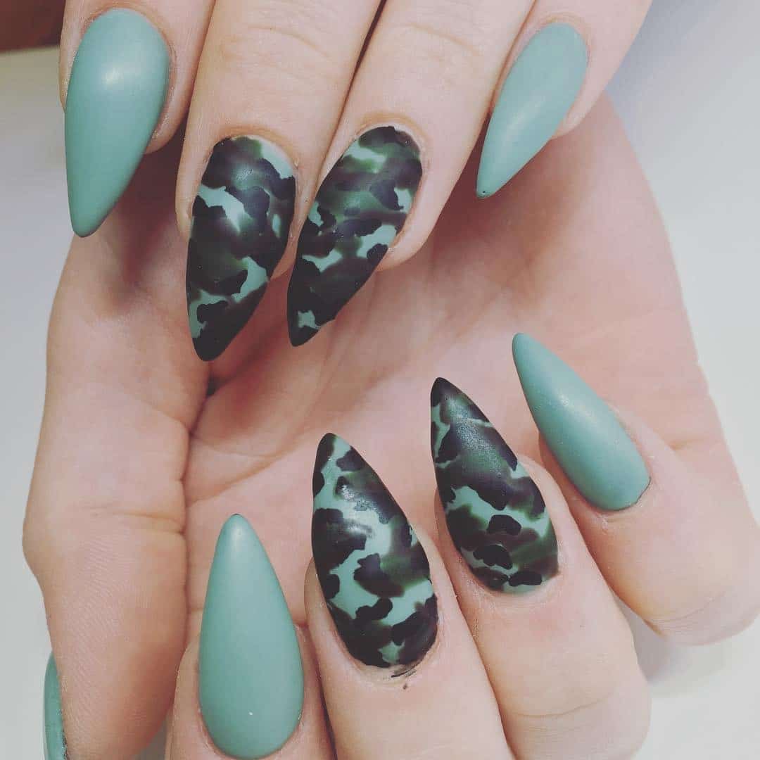 20. Matte Stiletto Camouflage - camouflage nail ideas