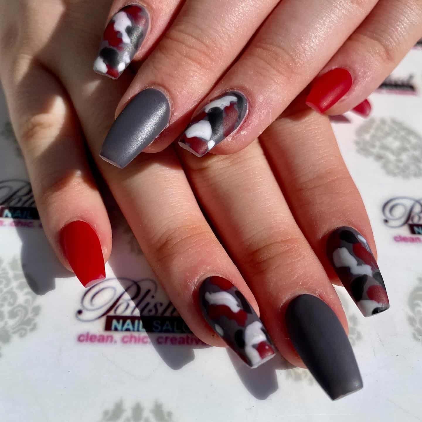 21. Red and Charcoal Camouflage Mix - camouflage nail ideas