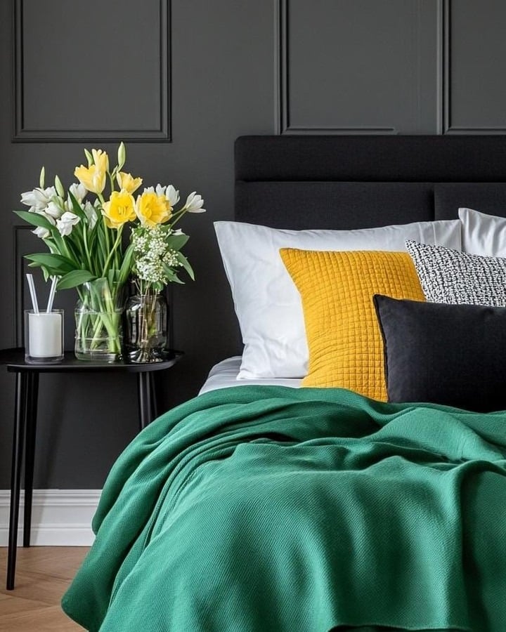 9. Bold Contrast with Fresh Florals - black and green bedroom ideas