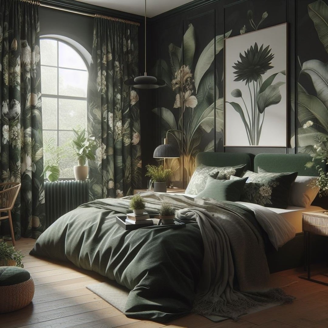 14. Tropical Glamour - black and green bedroom ideas